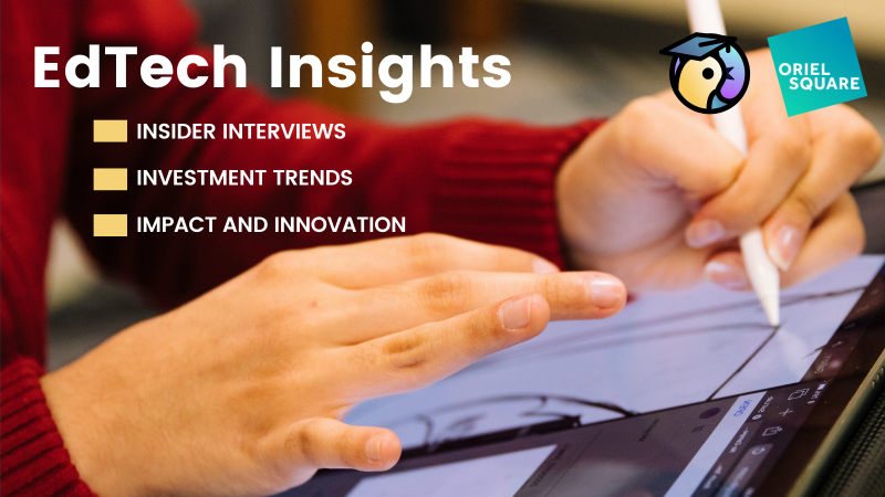 EdTech insights banner. Person using tablet and pen.