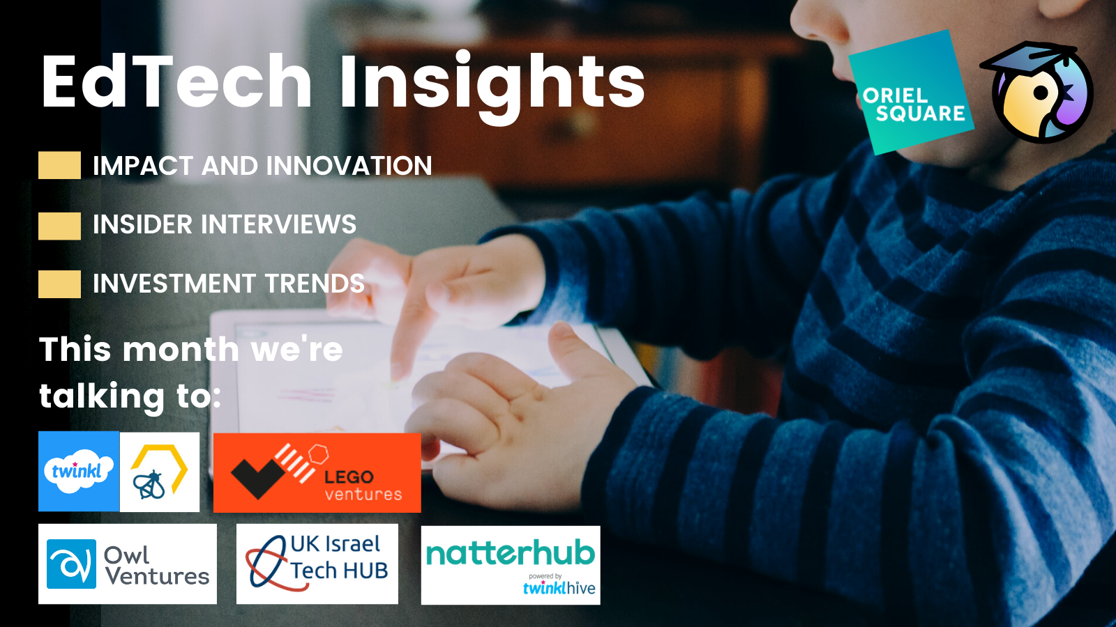 EdTech insights highlights on background of person using tablet.