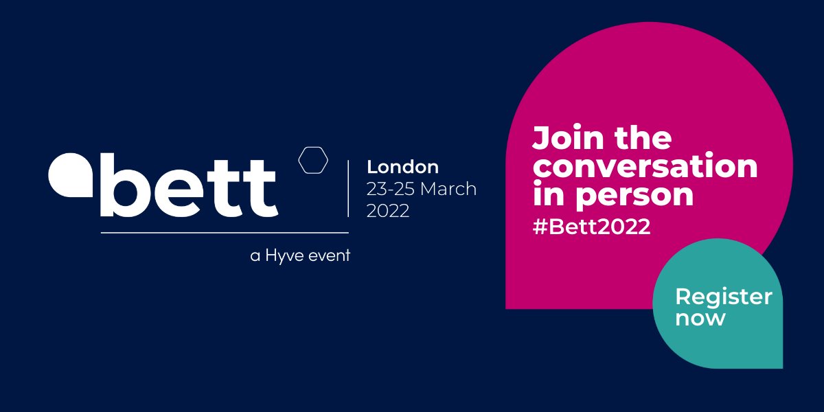 Bett logo to left with dates of event. Text in pink speech bubble to right reads: 'Join the conversation in person' and second green bubble reads 'Register now'. 