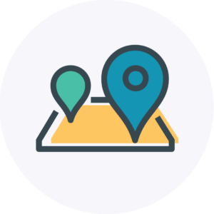 Icon of a blue pin and a green pin in the distance on a yellow map