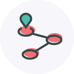 Research and Thought Leadership Icon of a green pin one one point of a three-point mapped out journey. The journey points are coloured pink