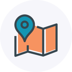 Icon of a blue pin on an orange folded map
