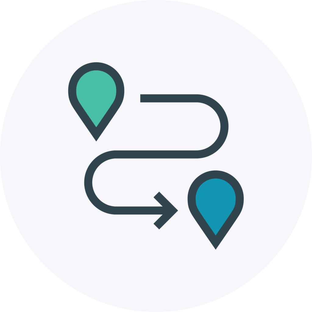 Map pin icon in green with an S-shaped arrow pointing to a map pin icon in blue. 