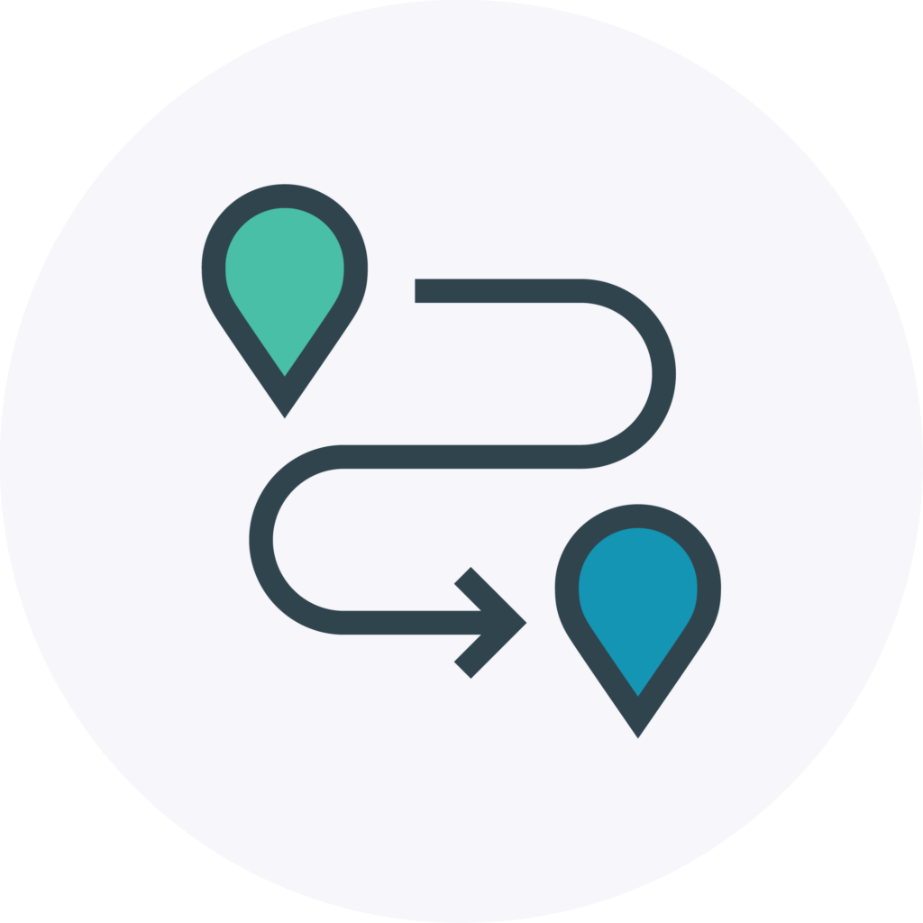 Map pin icon in green with an S-shaped arrow pointing to a map pin icon in blue.