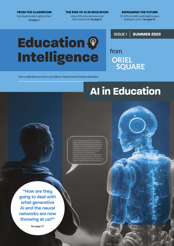 Cover page of Education Intelligence issue 1, titled AI in Education. The cover shows a mirror image of a human on the left and a robot on the right, with report quotations overlayed.