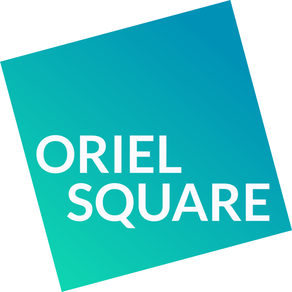 Oriel Square logo: A blue square, tilted at a 45 degree angle with Oriel Square written inside in white all caps. 